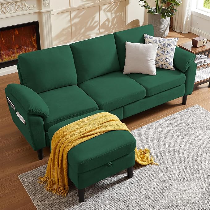 80" Convertible Sectional Sofa, Modern Linen Small L Shaped Couch with Reversible Chaise and Storage Ottoman, 3-Seat Sofa Couches for Living Room, Office, Apartment, Green