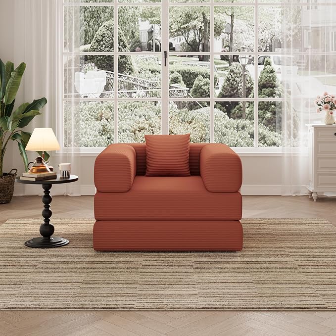 Single Couch Sofa for Small Spaces 2 in 1 Convertible Sofa to Lounger Comfy Bean Bag Chair for Adults with Removable Cover with Pillows for Bedroom, Apartment, Office (Orange, 35.43" Single Sofa)