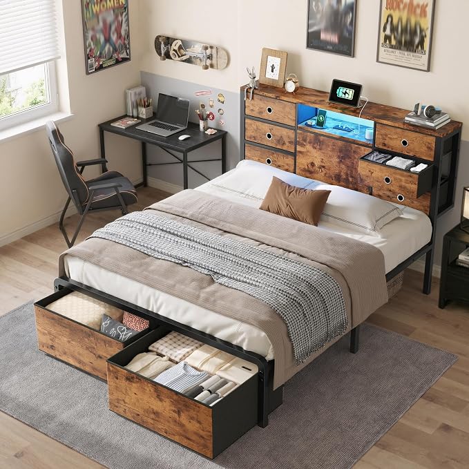 Homkdom Full Size Bed Frame with 8 Fabric Drawers Storage, LED Lights & Charging Station, Metal Platform Bed Frame with Headboard Storage Providing Noise-Free and Easy Assembly,Modern Brown