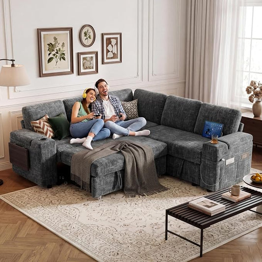 Vipbear Premium 86" Modular Sectional Sleeper Sofa, 5 Seat Sleeper Sofa with Pull Out Bed for Living Room, L Shaped Couch with Storage Chaise|USB Ports|Cup Holders|Storage Armrests|Side Table, Gray