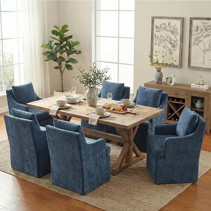 VKNOW Upholstered Dining Chairs Set of 4, Linen Kitchen Chair Dinner Chair with 4 Casters, Chenille Armchair for Bedroom Reading Room Living Room, Blue