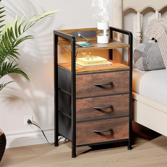 Lazzanto Night Stand Bedside Table Bedroom - Nightstand with Charging Station & LED Light Strip, Bed Side End Table with Storage Shelf & 3 Fabric Drawers, U-S-B Ports & AC Outlets, Rustic Brown