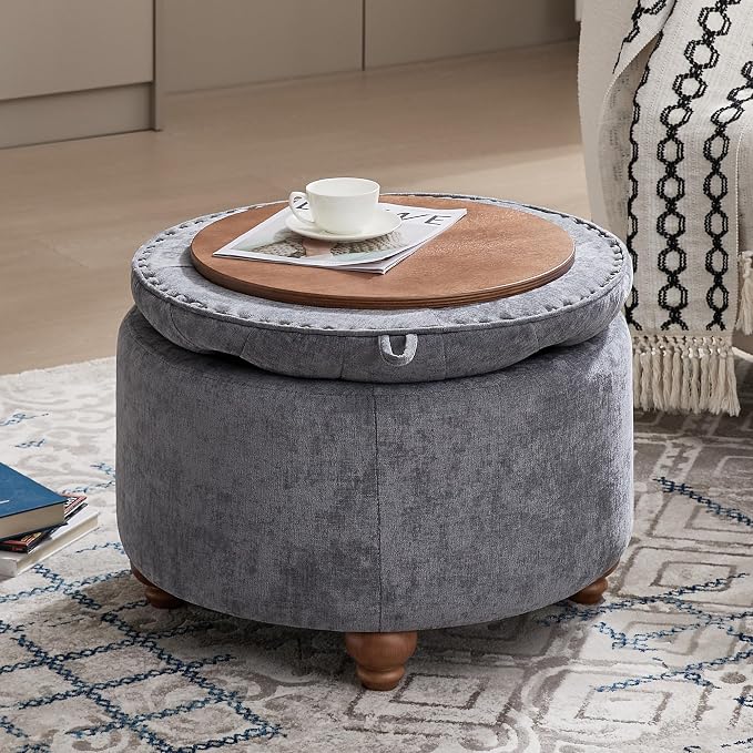 WUTUTUEE 24Inch Round Storage Ottoman with Tray, Modern Tufted Circle Coffee Table with Storage, Upholstered Ottoman with Removable Top for Living Room, Bedroom, Chenille Blue