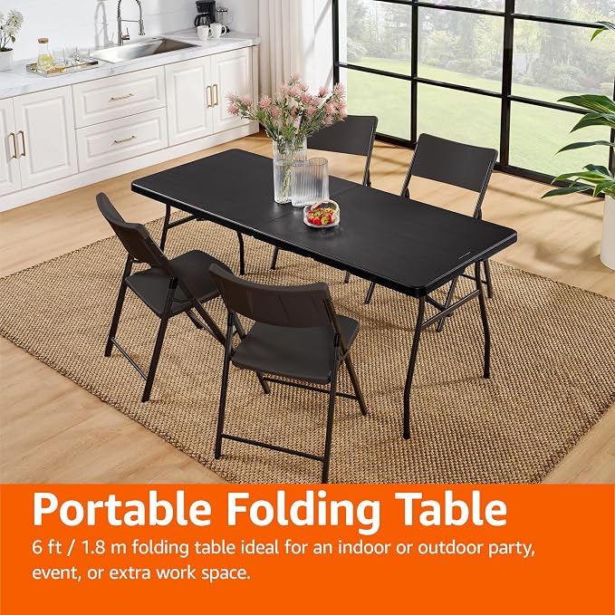 Amazon Basics Heavy Duty Portable Folding Table, 6 ft, Indoor & Outdoor, Fold-in-Half Design with Carrying Handle, for Events, Easy Folding and Storage, Black | Portable