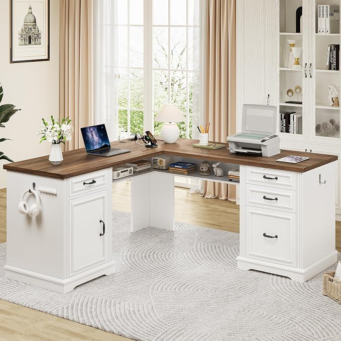 Farmhouse L Shaped Executive Desk with 4 Drawers, Home Office Desk with Hidden Under-Desk Storage Shelf and Charging Station, File Cabinet Storage, Wood Corner Computer Desk for Work(White+Brown)