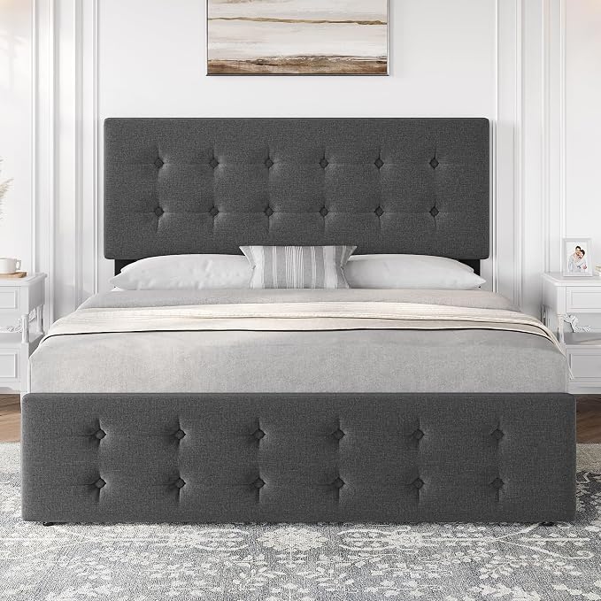 IDEALHOUSE Full Size Bed Frame with 4 Storage Drawers and Adjustable Headboard, Upholstered Mattress Foundation with Skin-Frienly Linen, No Box Spring Needed, Dark Grey (Full)