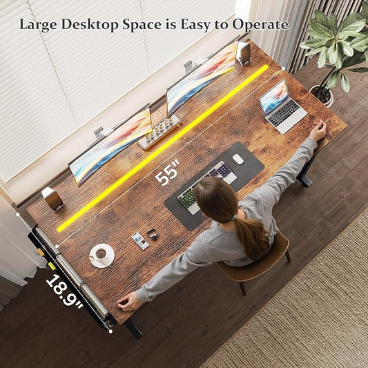 DurayLoly 55" Office Desks with LED Lights,Gaming Writing Work from Home Study Desk with Storage Bag,Home Office Desk with Headphone Hook Sturdy Metal Frame, Rustic Brown