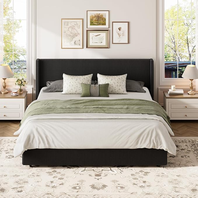 Garvee King Lift Up Storage Bed Frame, Corduroy Upholstered Platform Bed with Gas Lift, Padded Headboard, Wooden Slat Support, No Box Spring Needed, Easy Assembly, Black
