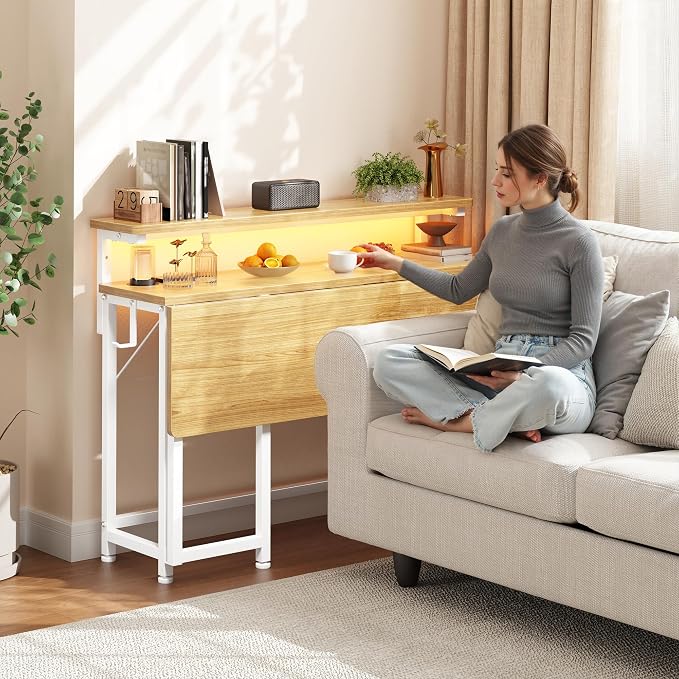 DurayLoly Folding Table with RGB Light for Small Space, 39.4" Folding Computer Desk for Space Saving Sofa Table for Couch, Home Work Office Desk with Monitor Stand, Easy to Fold with Hooks,Oak