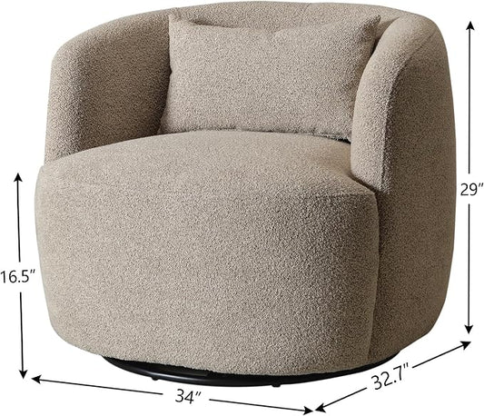 KINWELL 34" Wide Boucle Swivel Barrel Chair, No Assembly Round Upholstered Armchair Accent Chair Single Sofa Chair with Toss Pillow for Living Room and Bedroom, Taupe