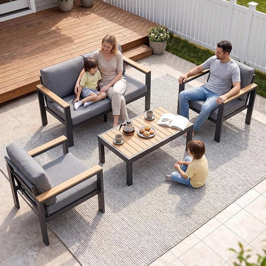 4-Piece 4-Seater Aluminum Patio Furniture Set,Outdoor Patio Table and Chairs Set with 2 Single Chairs+Loveseat+Coffee Table, 1.5mm Thick Rustproof Frame, Waterproof Washable Cushions for Porch Deck