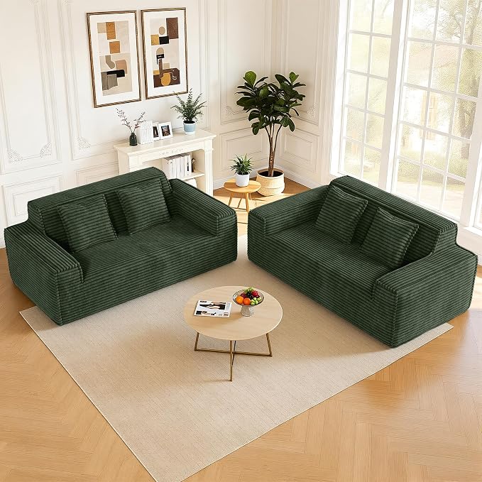 75'' Modern Cloud Loveseat Sofa Set of 2, No Assembly Required Comfy Deep Seat Couches 2 pcs for Living Room, Bedroom, Apartment (Corduroy-Green)