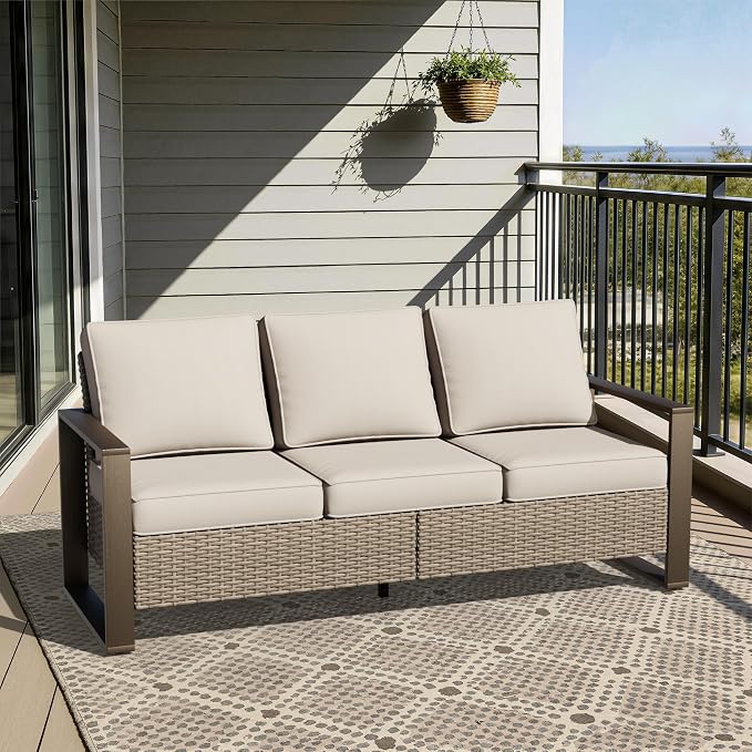 Joyside Outdoor Patio Wicker Sofa, 3-Seater Rattan Sofa with Thick Olefin Cushions and Metal Steel Rectangular Framed Armrest -Looking Metal Armrest Suitable for Garden, Backyard, Porch, Deck, Beige