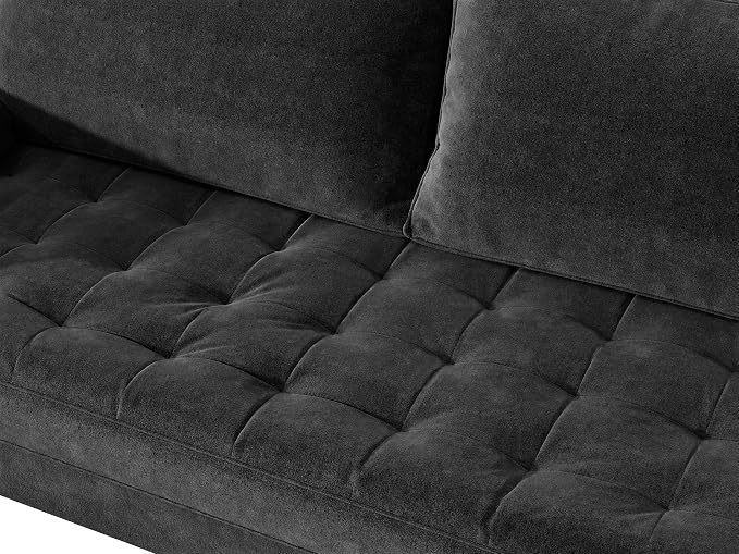 Container Furniture Direct Womble Mid Century Modern Velvet Upholstered Tufted Seat with Bolster Pillows, Sofa, Black