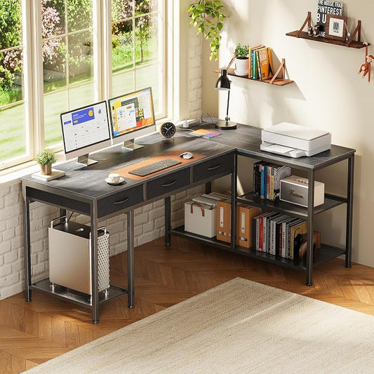 PRAISUN 55 Inch L Shaped Office Desk with Power Outlets and Type-C Port, Large Computer Gaming Desk with 3 Fabric Drawers, Mesh Shelves, Corner Study Work Writing Desk, Grey