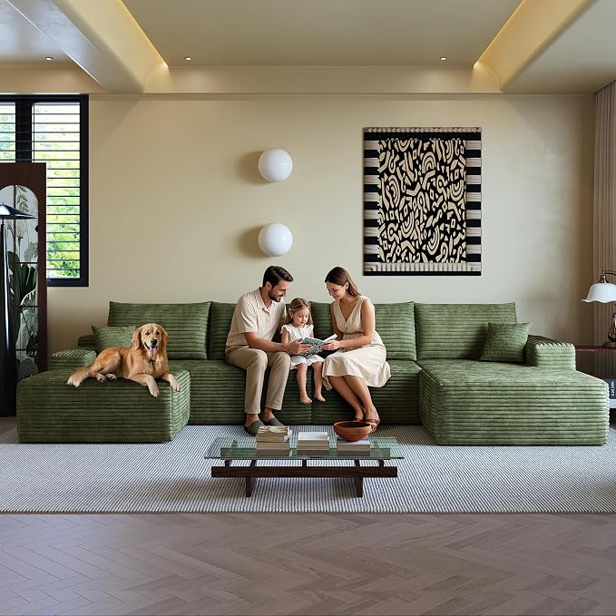 136" Sectional Couches for Living Room Modern Modular Sofa with L-Shape Couchs Upholstered Boneless Couch Deep Seat Sectional Couch with Chaise (Green, 136"Right facing chaise+3Seaters+Ottoman)