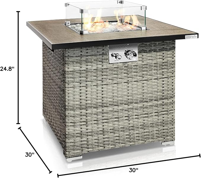 SereneLife Propane Fire Pit Table, 50000 BTU CSA/ETL Certified Safe Gas Table with Sturdy Wicker Base, Stainless Steel Burner, Glass Wind Guard & Cover, Outdoor Fireplaces for Parties