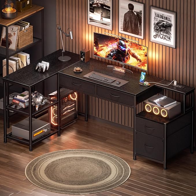 Korfile 57 Inch L Shaped Computer Desk with Power Outlets, Reversible Home Office Desk with 4 Fabric Drawers & 2 Adjustable Mesh Shelves, Corner Study Work Desk with Larger Storage, Black