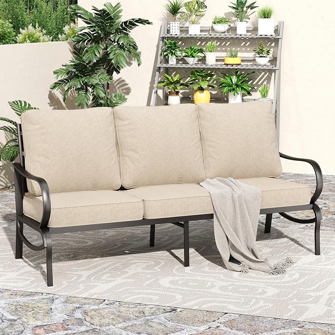 PHI VILLA Metal Patio Sofa with 5.75" Extra-Thick Waterproof Cushion, 3 Seater Deep Seat & High Back Outdoor Couch, All Weather Porch Furniture for Deck Backyard Front Porch Apartment,Beige