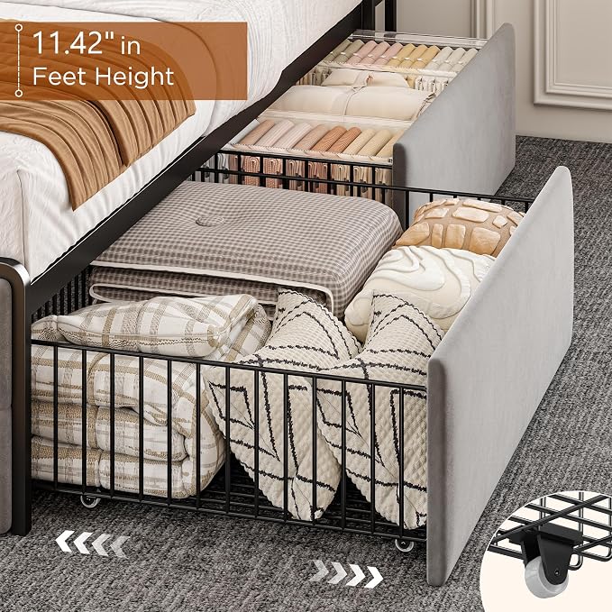 EnHomee King Size Bed Frame with 6 Storage Drawers and LED Lights,Bed Frame King Size with Velvet Upholstered Headboard and Charging Station,No Box Spring Needed,Noise-Free,Easy Assembly,Modern,Grey