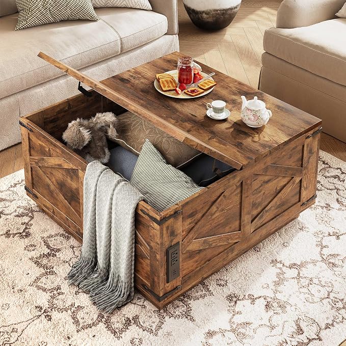 Jocoevol Farmhouse Lift Top Coffee Table, Square Wood Center Table with LED Lighting, USB-C Charging Station, and Hidden Storage Compartment - Rustic Brown Living Room Furniture