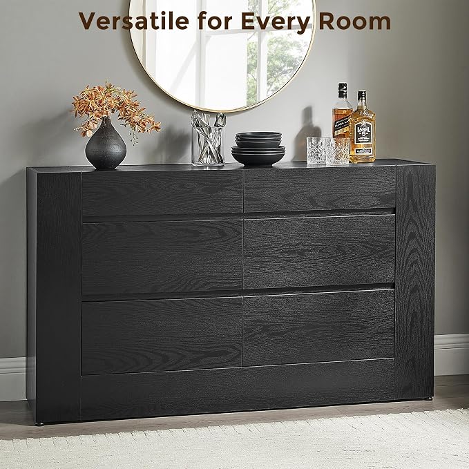 OKD 6 Drawer Dresser for Bedroom, 54" Wide Chest of Drawers with Thick Wood Design, Handleless, Modern Bedroom Dresser, Storage Organizer for Living Room/Entryway/Hallway, Black Oak