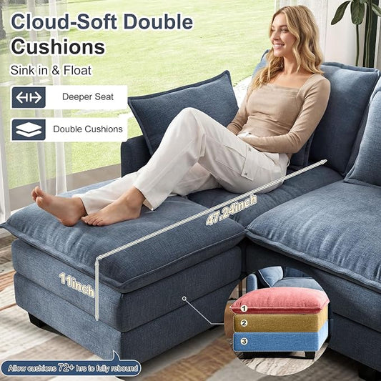 107" Cloud Couch Sectional, U Shaped Modular Sectional Sofa, 4-Seat Deep Seat Couch with 6 Removable Washable Pillows and 2 Ottoman for Living Room, Bedroom, Apartment, Blue