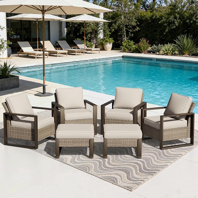 Joyside Outdoor Patio Chairs, 6 Pieces Wicker Rattan Furniture Set, 4 Patio Chairs and 2 Ottoman, Metal Wide Armrest, Thick Cushions and Deep Seating for Garden, Backyard, Porch, Deck