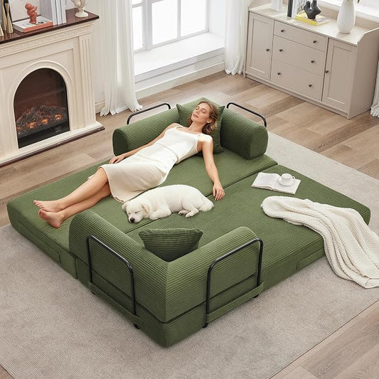 IDEALHOUSE 4 in 1 Convertible Sleeper Sofa Bed Couch, 79 Inch Boneless Corduroy Floor Couch with Pillows, No Assembly, Modern Deep Seat Sofa Futon Mattress for Living Room,Apartment,Green
