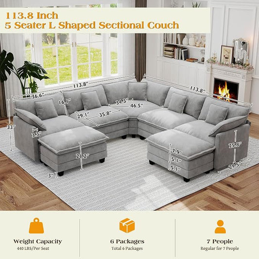 113.8" Modular Sectional Sofa,Cloud Couch for Living Room,Modern Deep Seat Sofa 5 Seater Chenille Fabric Comfy L Shaped Couches with Throw Pillows & Movable Ottoman for Apartment