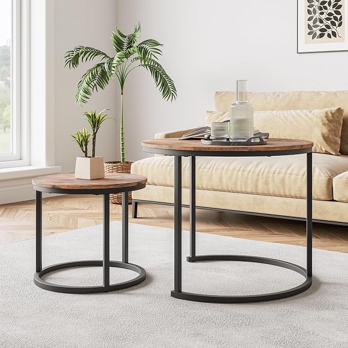 HOJINLINERO Small Round Nesting Coffee Table Set of 2 with Metal Frame and Wood Top, Modern Stacking Side Table for Living Room, Bedroom, Office, Brown