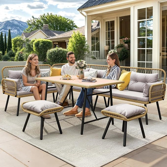 YITAHOME Patio Wicker L-Shaped Furniture Set, All-Weather Rattan Outdoor Conversation Sofa Set for Backyard Deck with Soft Cushions,Ottomans and Wood-Like Dining Table, Light Brown+Gray