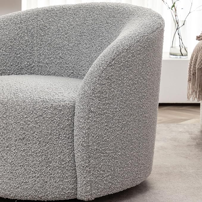 KINWELL 34" W Mid Century Modern Swivel Barrel Chair, Round Upholstered Boucle Swivel Accent Chairs, No Assembly Sofa Chair for Living Room Bedroom Reading Apartment Lounge Nursery(Black White)
