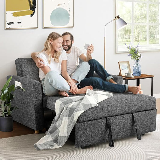 SEJOV Sleeper Sofa, 3-in-1 Convertible Pull Out Couch Bed Futon Sofa, Linen Fabric Loveseat with 2 Pillows and Adjustable Backrest, Chaise Lounge for Small Spaces Apartment Dorm, Office, Black