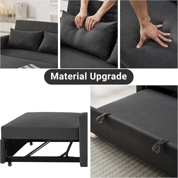 55.5" Fabric Convertible Sofa Bed, Pull Out Sleeper Sofa Bed, Loveseat Couch with Side Pocket, 3 in 1 Convertible Sleeper Sofa Bed for Living Room, Apartment, Bedroom, RV, Black