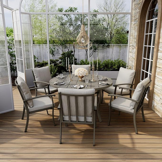 HAPPATIO Patio Dining Set, Aluminum Round Outdoor Dining Set for 6, 52" Round Dining Table with Umbrella Hole and 6 Chairs, Outdoor Table and Chairs with Removable Cushion for Lawn Yard Patio
