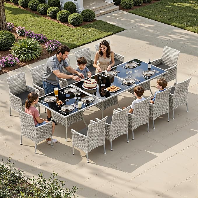 15-Piece Patio Dining Set with Square Tempered Glass Table Patio Furniture Set with 12 Wicker Chairs, Expandable Design for Larger Groups, Outdoor Furniture for Backyard, Deck, Garden, Dark Grey