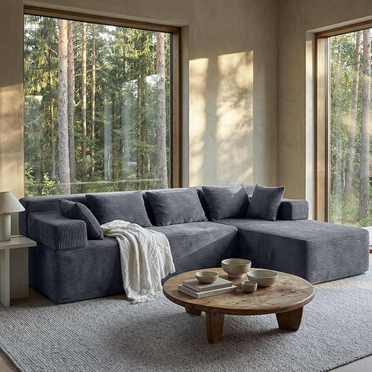 MONVANE 106" Cloud Sectional Couch with L-Shaped Chaise, Modular Sectional Sofa with Deep Seat and Removable Armrests, Comfy Corduroy Boneless Couches for Living Room, No Assembly Required, Grey