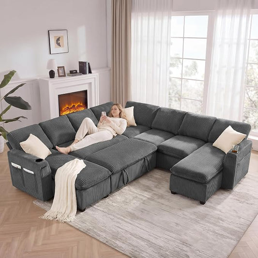 Oversized Sectional Sleeper Sofa with Pull Out Bed, Plush Corduroy 9 Seat Modular Sofa with Storage Chaise and Adjustable Backrest, Cloud Couches for Living Room, Apartment, Light Grey