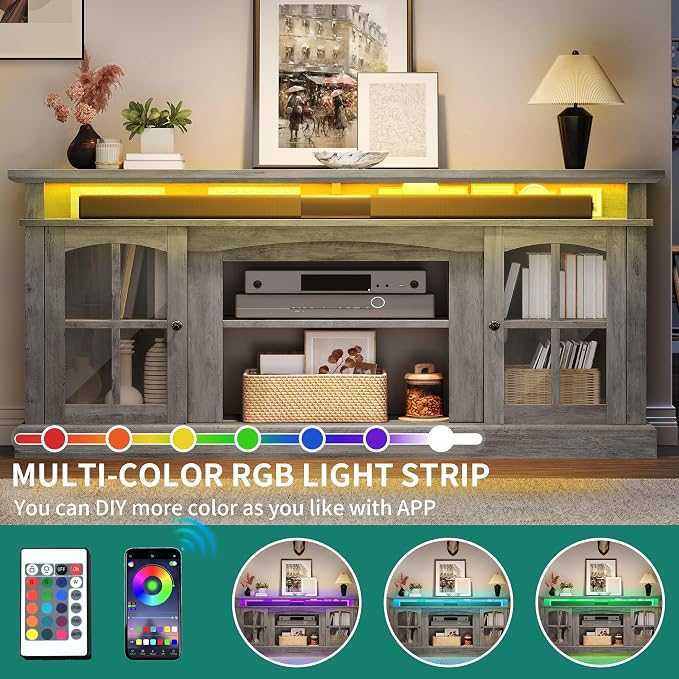 YITAHOME LED Farmhouse TV Stand for 75 Inch w/Outlets, Modern Entertainment Center with Glass Doors and Adjustable Storage Shelves, Media Console TV Cabinet for for Living Room, Grey