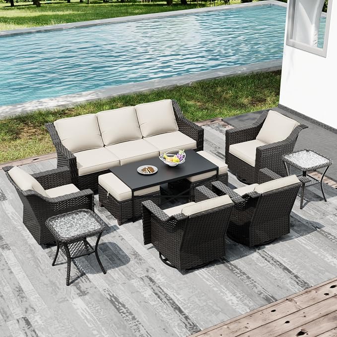 Joyside Wicker Patio Furniture Sets, 10 Pieces Upgraded Large Size Outdoor Furniture with 4 Swivel Rocking Patio Chairs, 3-Seat Sofa, Outdoor Ottoman, Thick Cushions, Wide Armrest, Beige