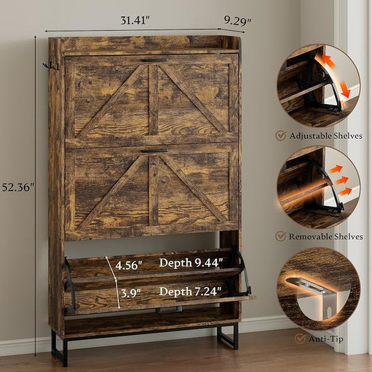 BORNOON Shoe Cabinet with 3 Flip Drawers Narrow Shoe Storage Cabinet Organizer Wooden Freestanding Shoe Rack Hidden Slim Shoes Storage Cabinet for Entryway, Hallway, Living Room, Bedroom