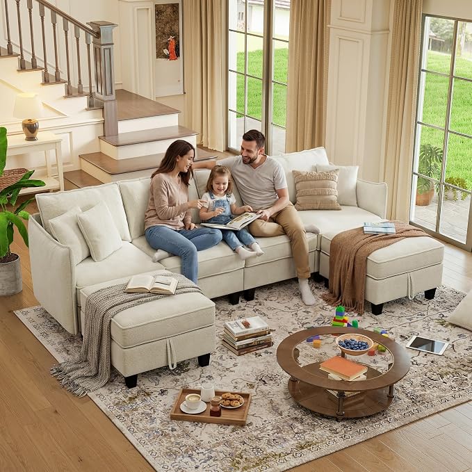 WorthFurni 112" Modular Sectional Sofa U Shape Couches with Storage Ottoman and Washable Cushion Cover for Living Room, Bedroom, Apartment(Beige)