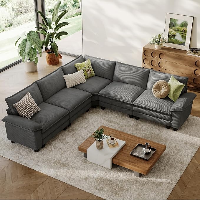 LINSY HOME Modular Sectional Sofa 5 Seat Couch Corduroy Cloud Couch with Deep Seat, Modern V-Shaped Cloud Couch for Living Room, Office, Bedroom, Grey