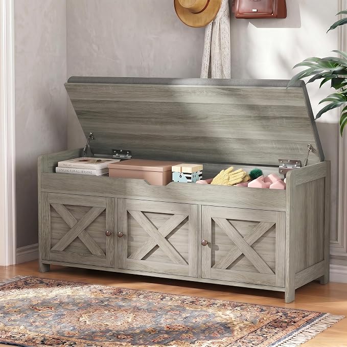 Marsail Shoe Storage Bench with Seating, Farmhouse Entryway Bench with Shoe Storage and Cushion, Under Window Benches Wooden Ottoman for Bedroom, Entry Way, Living Room, Grey