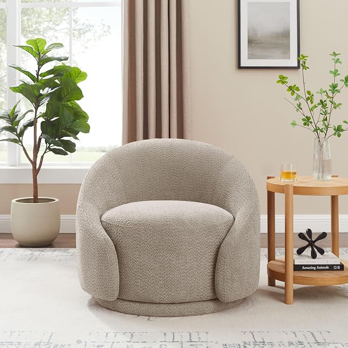 VANOMi Swivel Accent Chairs for Living Room, 34" Swivel Barrel Chair Oversized Armchairs Modern Boucle Reading Chairs for Bedroom, Corner, Apartment, Taupe