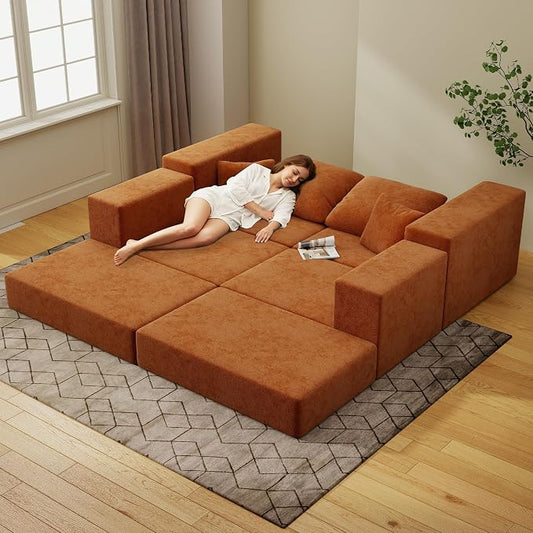 Cloud Modular Sectional Sofa, Comfy Boneless Couch for Living Room, Modern L-Shaped Couch with Reversible Chaise, Customizable Sleeper Sofa with Non Slip, No Assembly & Deep Seat, Orange