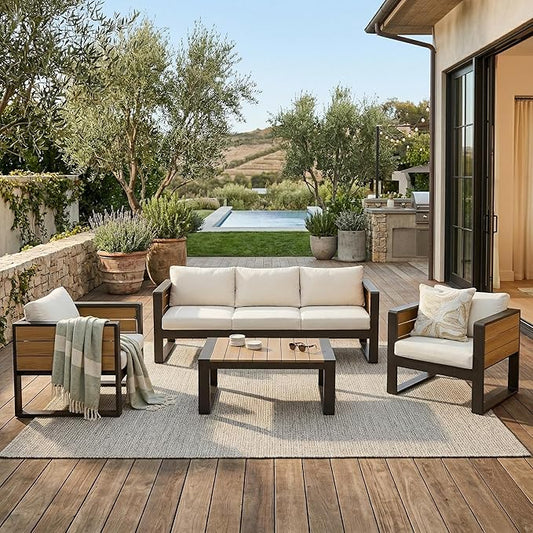 4-Piece Patio Conversation Set, Aluminum Frame Outdoor Patio Furniture Set w/ 3-Seater Sofa, 2 Armchairs with Fold-Out Side Tables, Coffee Table, All-Weather Sectional Sofa Set for Garden Backyard