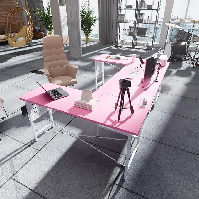 Pamray 71 Inch Large Computer Desk with Power Outlets,U Shaped Corner Desk for Home Office Work and Gaming Pink