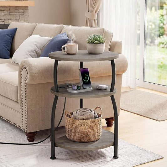 Round Side Table with Power Outlet & USB Ports, 3-Tier End Table with Storage Shelf, 15.7" Wide Nightstand for Small Spaces, Tall Bedside Table Capable of Charging Laptops & Phones, Rustic Brown